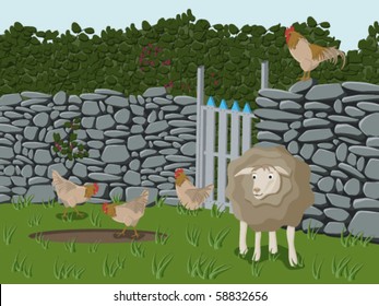 Drawing of farm animals like sheep, cock and chicken on a meadow.