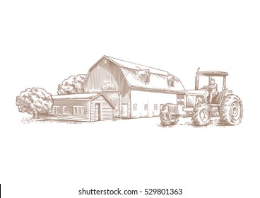 Drawing Of Farm Buildings And Tractor On The White