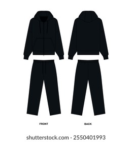 Drawing of fashionable tracksuit in black color, front and back view, vector. Set of sketches zipper hoodie with pockets and straight wide pants, isolate on white background.