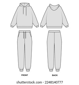 Drawing Fashionable tracksuit consisting of joggers and hoodies. Vector template of pants and hoodie. Outline technical drawing of a set of jackets and pants front and back view.