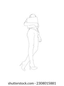Drawing of fashionable young woman walking with folder with documents in hand. Vector of girl walk. Drawing Illustration of Young Woman. isolated, sketch, contour girl, woman walking.