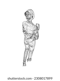 Drawing of fashionable young woman walking with folder with documents in hand. Vector of girl walk. Drawing Illustration of Young Woman. isolated, sketch, contour girl, woman walking.