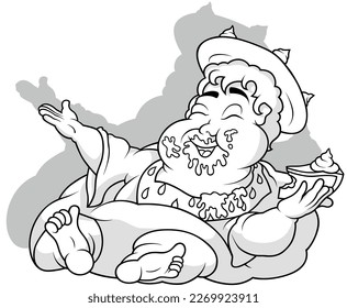 Dibujo de un Rey Gordo de Dulces con un Pastel en la Mano - Ilustración de caricatura aislada en fondo blanco, vector