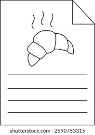 Um desenho apresenta um croissant em papel forrado com um canto dobrado indicando uma receita ou nota
