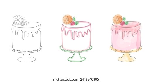 The drawing features three cakes with distinct toppings, showcasing variety and creativity in dessert decoration. Each cake is uniquely adorned with toppings