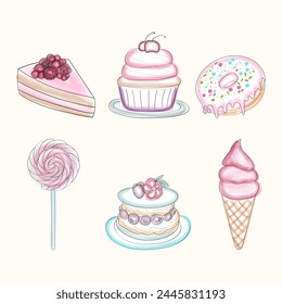 The drawing features a variety of cakes and desserts, showcasing different types such as cupcakes, tarts, pies, and pastries in a colorful and detailed illustration