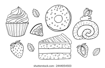 The drawing features a white circle design showcasing various desserts. The illustration includes different types of desserts in line art, creating a pattern