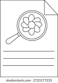 Desenho que apresenta uma flor sob uma lupa sobre um papel com linhas