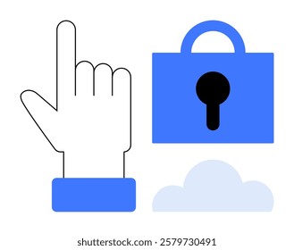 A drawing featuring a hand pointing upward a padlock representing security and a cloud symbol. Ideal for cybersecurity data protection cloud computing online privacy secure access authentication