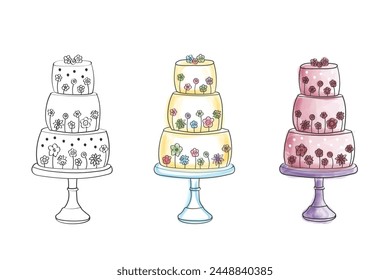 A drawing featuring three distinct types of cakes, each showcasing unique designs and decorations. The cakes vary in size, shape, and toppings, highlighting the diversity in cake making