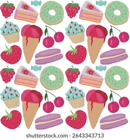 drawing featuring various sweet treats and fruits. It includes a slice of pink cake with a flower, a green frosted donut, a blue cupcake with red cherries, a scoop of pink ice cream in a cone, two bri