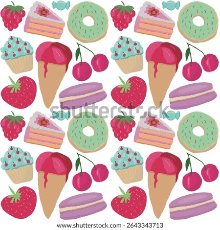 drawing featuring various sweet treats and fruits. It includes a slice of pink cake with a flower, a green frosted donut, a blue cupcake with red cherries, a scoop of pink ice cream in a cone, two bri