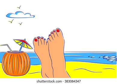 Drawing of the feet of a woman on the beach with coconut drink