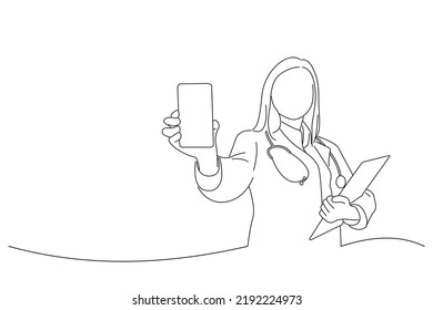 Drawing of female doctor with a clipboard showing a phone. One line art
