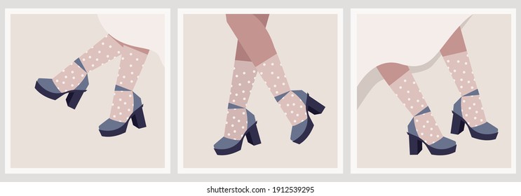 
drawing of female feet, in blue high heel shoes, in socks, flat illustration, pastel colors, stylized vector graphics, in the style of minimalism