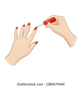 Drawing Of Female Hand Applying Red Nail Polish. Beauty Vector Illustration
