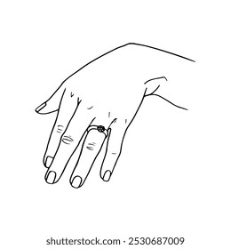 desenho da mão feminina estendida para a câmera com design minimalista anel de casamento - esboço de linha desenhada à mão