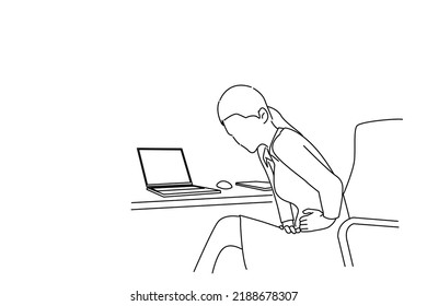 Drawing of female manager sitting at table, bending, touching her stomach, suffering from pain. Outline drawing style art
