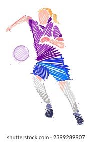 Drawing of female soccer player dominating the ball made from sketch-style brush strokes