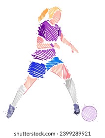 Drawing of female soccer player dominating the ball made from sketch-style brush strokes