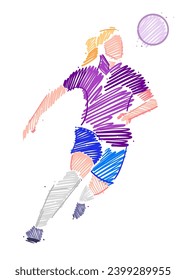 Drawing of female soccer player dominating the ball made from sketch-style brush strokes