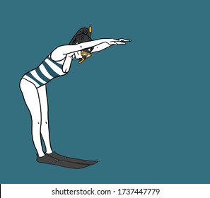 
Drawing of female swimmer in swimsuit with diving fins and diving goggles. Summer, swimming pool, beach.