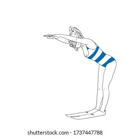 
Drawing of female swimmer in swimsuit with diving fins and diving goggles. Summer, swimming pool, beach.