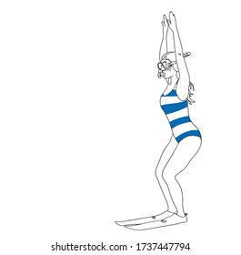 
Drawing of female swimmer in swimsuit with diving fins and diving goggles. Summer, swimming pool, beach.