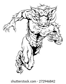 A drawing of a fierce looking boar sports character mascot running