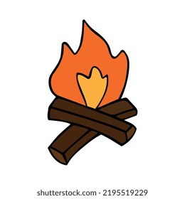 Drawing of a fire in the style of a doodle. Accessories and equipment for picnics, travel. Hand-drawn vector illustration isolated on a white background.