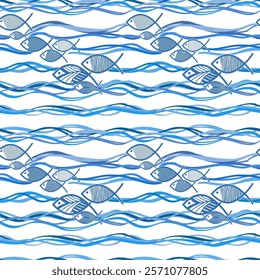  drawing fish on blue ocean sea waves seamless pattern, marine theme for decoration wallpaper, banner, wrapping paper, seafood, restaurant