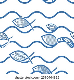 drawing fish on blue ocean sea waves seamless pattern, marine theme for decoration wallpaper, banner, wrapping paper, seafood, restaurant	