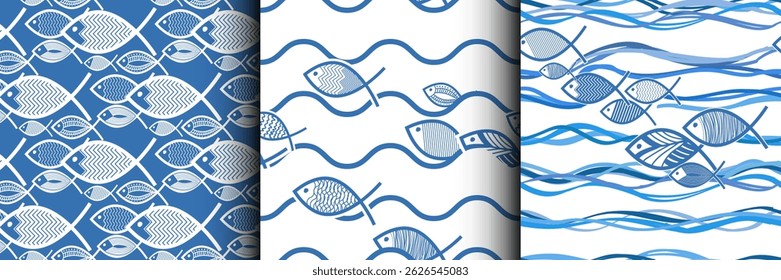 desenho peixe em ondas do mar azul conjunto de padrão sem costura, tema marinho para decoração papel de parede, bandeira, papel de embalagem, frutos do mar, restaurante	