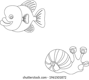 Drawing fish and snail cartoon vector illustration. isolated background