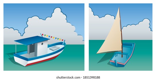 Drawing of fisherman boat and sail raft on the sea, typical boats from northeastern Brazil, in comics style. Vector illustration.