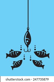 Drawing Of Fishes Attracted To Fishing Bait With Hooks Under Water. Minimalist Style Vector Illustration In Black Isolated On Blue Background