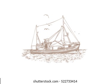 Drawing Of Fishing Trawler At The Sea