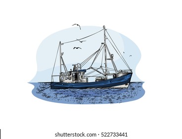 Drawing of fishing trawler at the sea