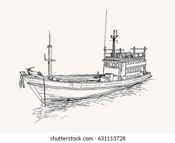 Drawing of fishing trawler at the sea , sketch vector.