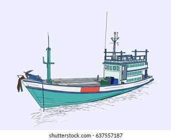 Drawing of fishing trawler at the sea , sketch vector.