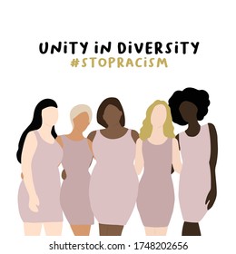 drawing of five beautiful multicultural girls in pink dress. Ethnicity, tolerance, and body positivity concept. Vector illustration