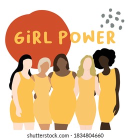 drawing of five beautiful multicultural girls in yellow dress. Ethnicity, tolerance, and body positivity concept. Girl Power. International women’s day. Vector illustration