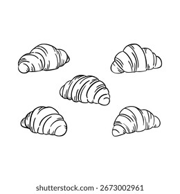 Un dibujo de cinco croissants con un fondo blanco. Los cruasanes son de diferentes tamaños y están dispuestos en una fila