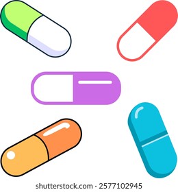 Drawing of five pieces of medical pill capsule in assorted color. 