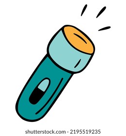Drawing of a flashlight in the style of a doodle. Accessories and equipment for picnics, travel. Hand-drawn vector illustration isolated on a white background.