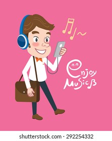 Drawing flat character design business man enjoy music concept,vector illustration