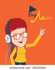 Drawing flat character enjoying music, girl design  concept,vector illustration