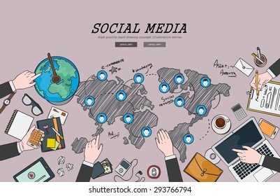 Drawing flat design illustration internet social network concept. Concepts for web banners and promotional materials. 