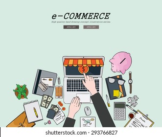 Drawing flat design illustration on line e-commerce concept. Concepts for web banners and promotional materials. 