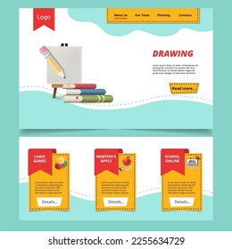 Drawing flat landing page website template. Logic games, Newton's apple, school online. Web banner with header, content and footer. Vector illustration.